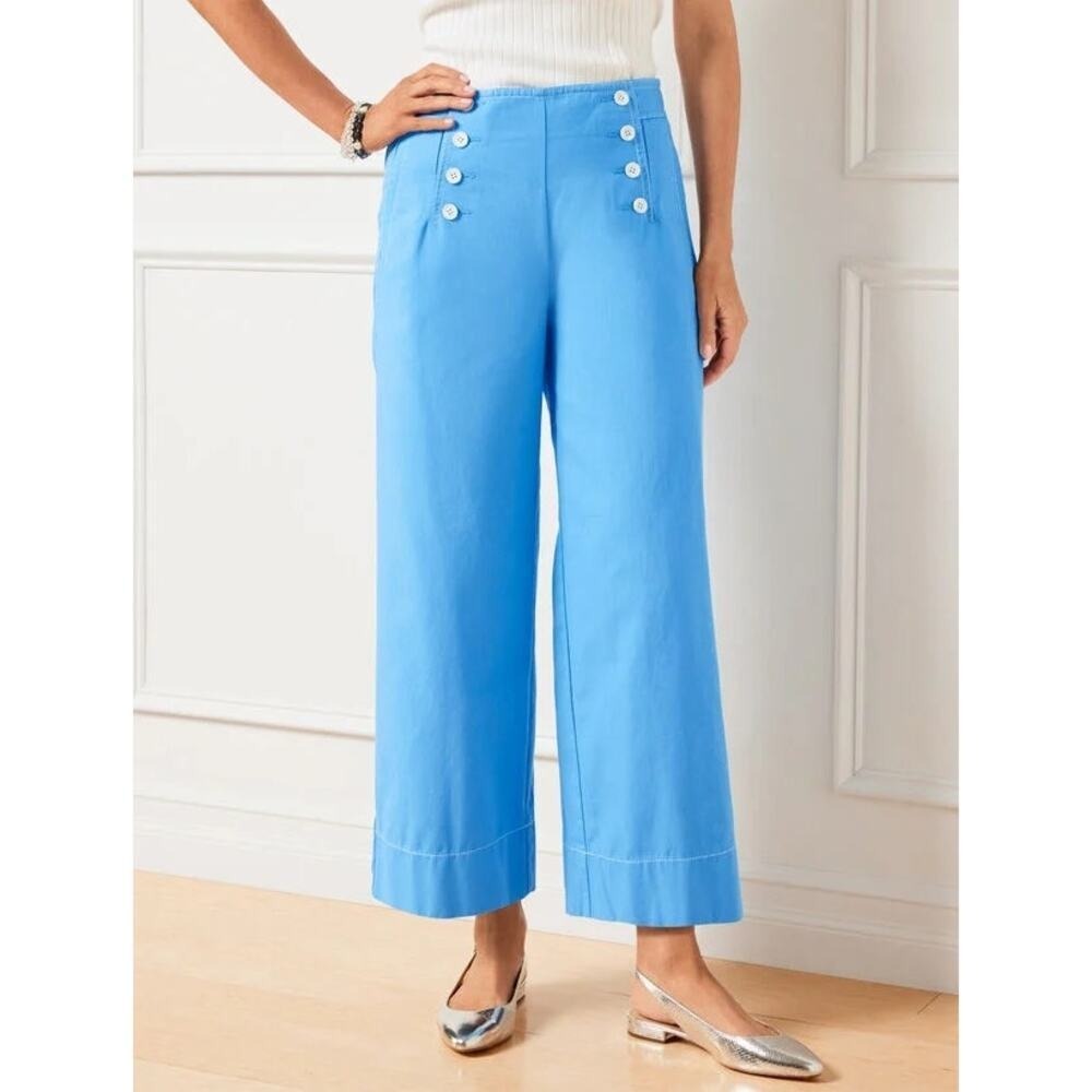 NWT: Talbots Blue Sailor Wide‎ Leg Crop Pants High Rise Button Size 12 (L362)